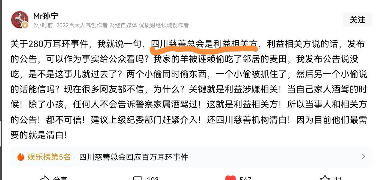 大V孙宁对于230万添加耳环的评价非常有勇气，但一针见血。



在四川慈善总会