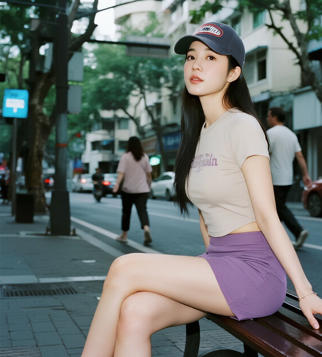 她靠在长椅上微笑，阳光轻轻盖上了一层金纱