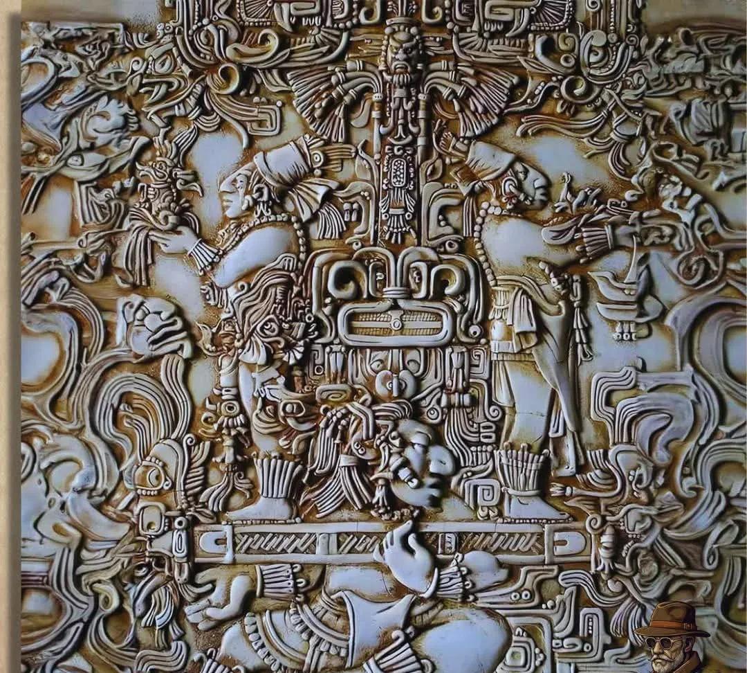 展示帕卡尔王棺盖上的精美雕刻，该棺在墨西哥的帕伦克被发现，可追溯至公元683年。