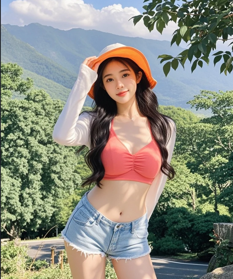 她在公园的花丛中穿梭，似一只采蜜的蝴蝶