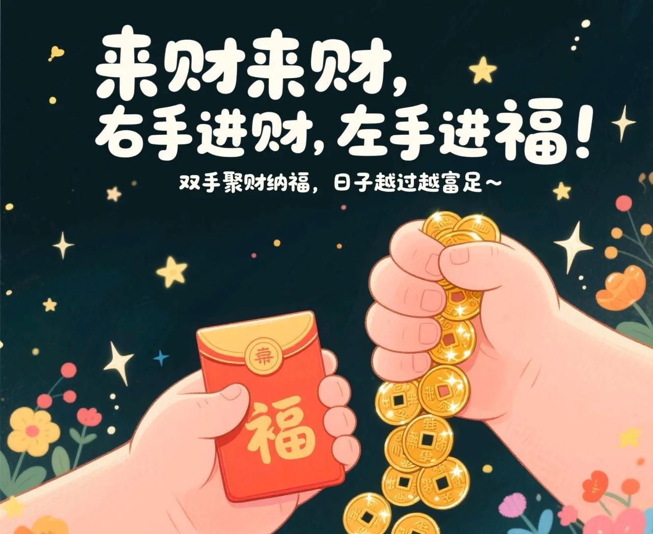 来财来财
右手进财
左手进福！
双手聚财纳福
日子越过越富足~