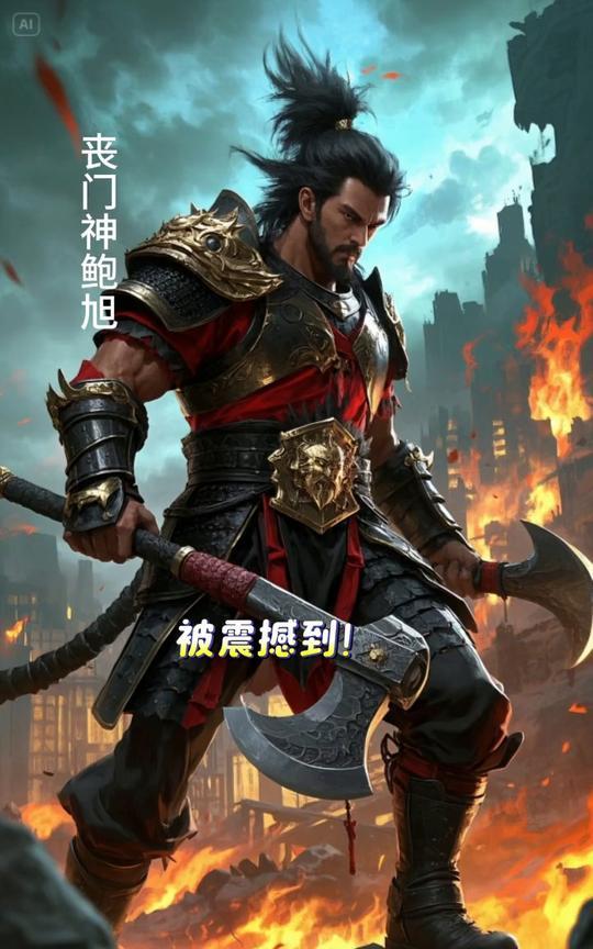 丧门神鲍旭。
被震撼到，AI超现实重现梁山鲍旭。黑甲巨斧杀气腾腾，疤痕脸眼神带刀