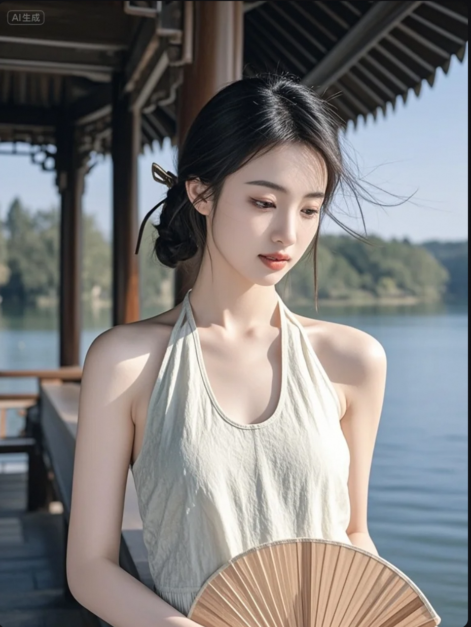 她执扇立于湖畔，风起时，连倒影都在为你回眸
