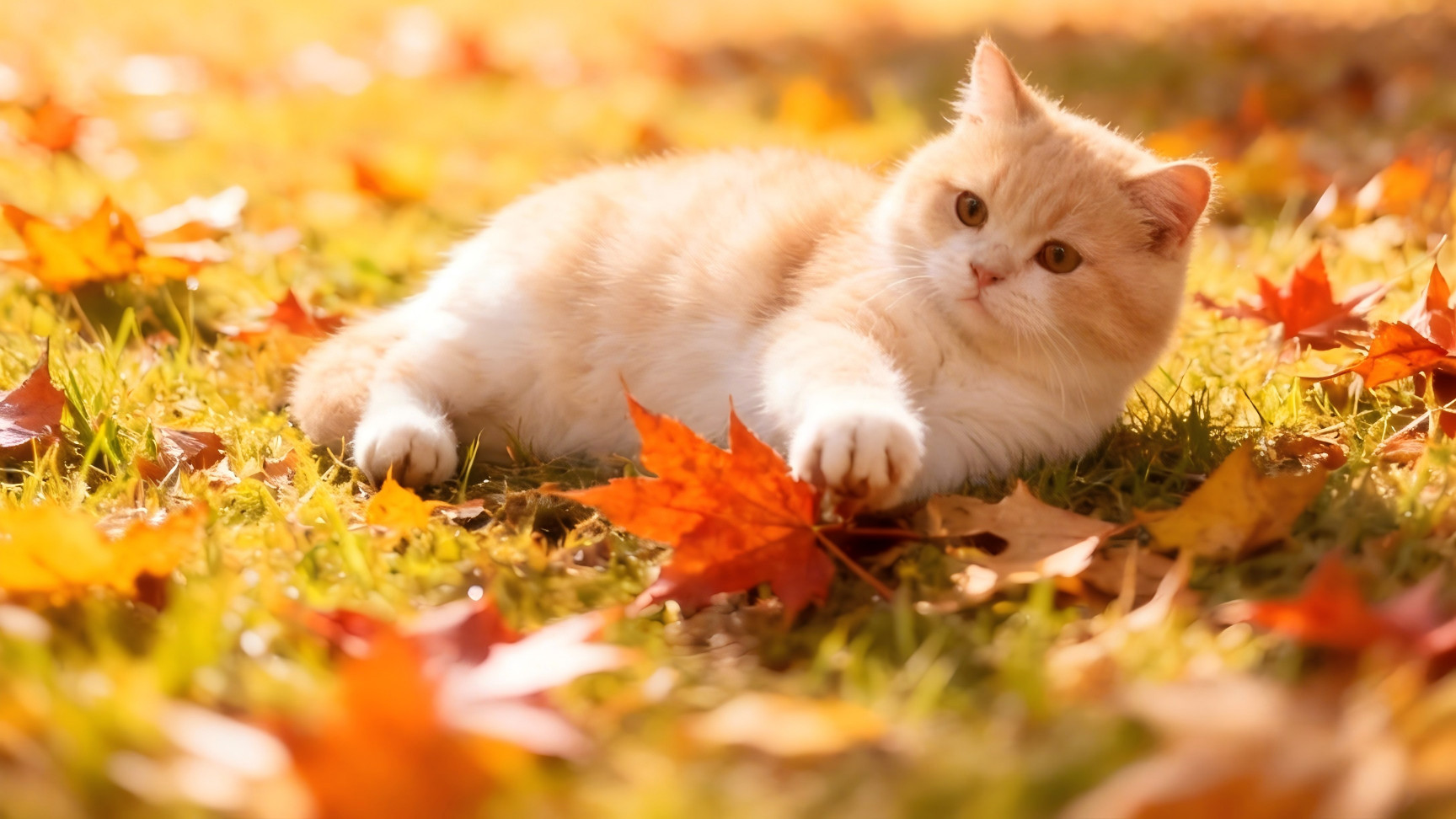 公园的枫叶林和猫咪搭配太绝了！