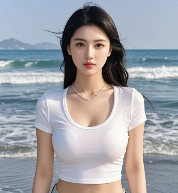 海天一色，她站在海边像是从画里走出来的人。
