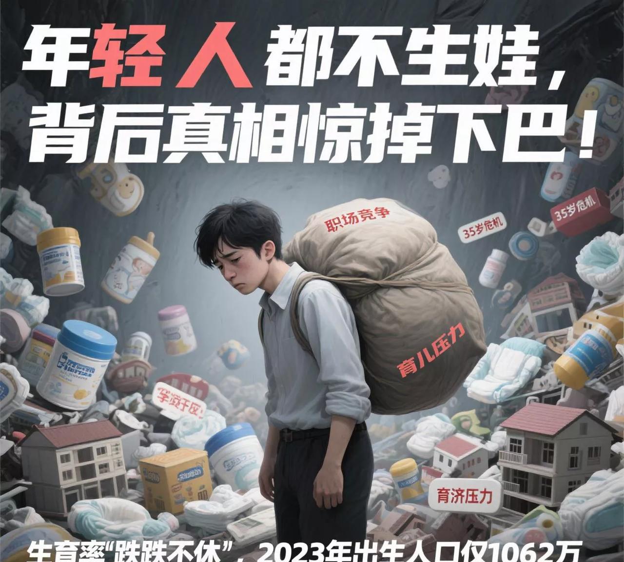 年轻人都不生娃，背后真相惊掉下巴！
生育率“跌跌不休”，2023年出生人口仅10