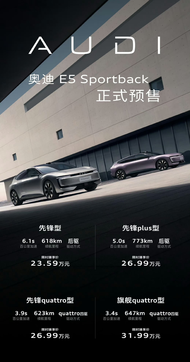 AUDI首款量产车型奥迪 E5 Sportback开启预售。
全系推出先锋型、先