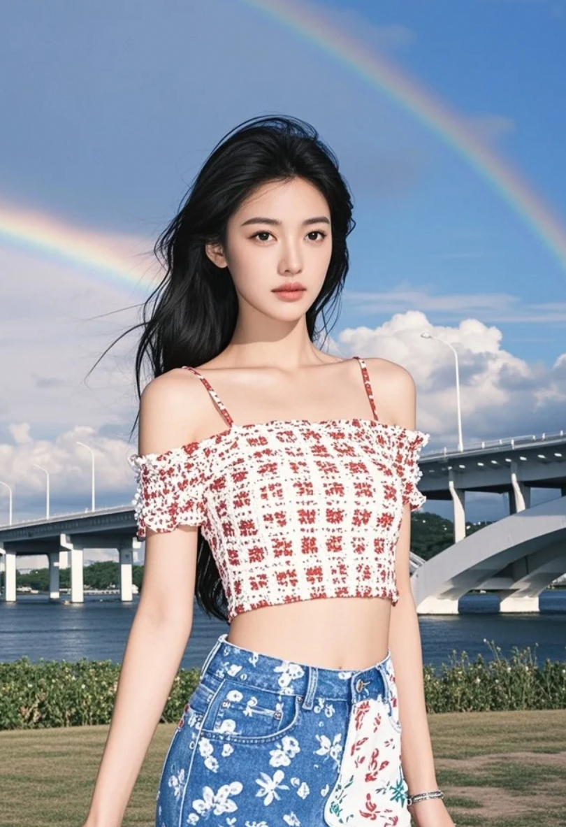 她站在虹的起点，仿佛随时会踏着光，步入云端。