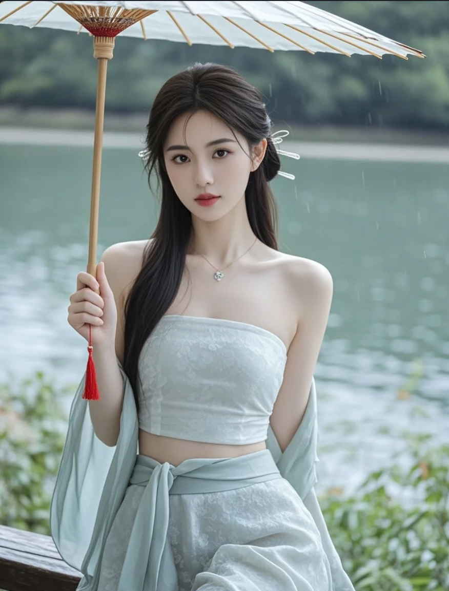 湖边撑伞的她，美得像从画中走出来