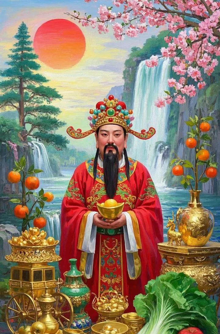财神携瑞至，佑你财路通四海，生意兴八方，金银满仓，富贵安康，岁岁无忧，日日进财。