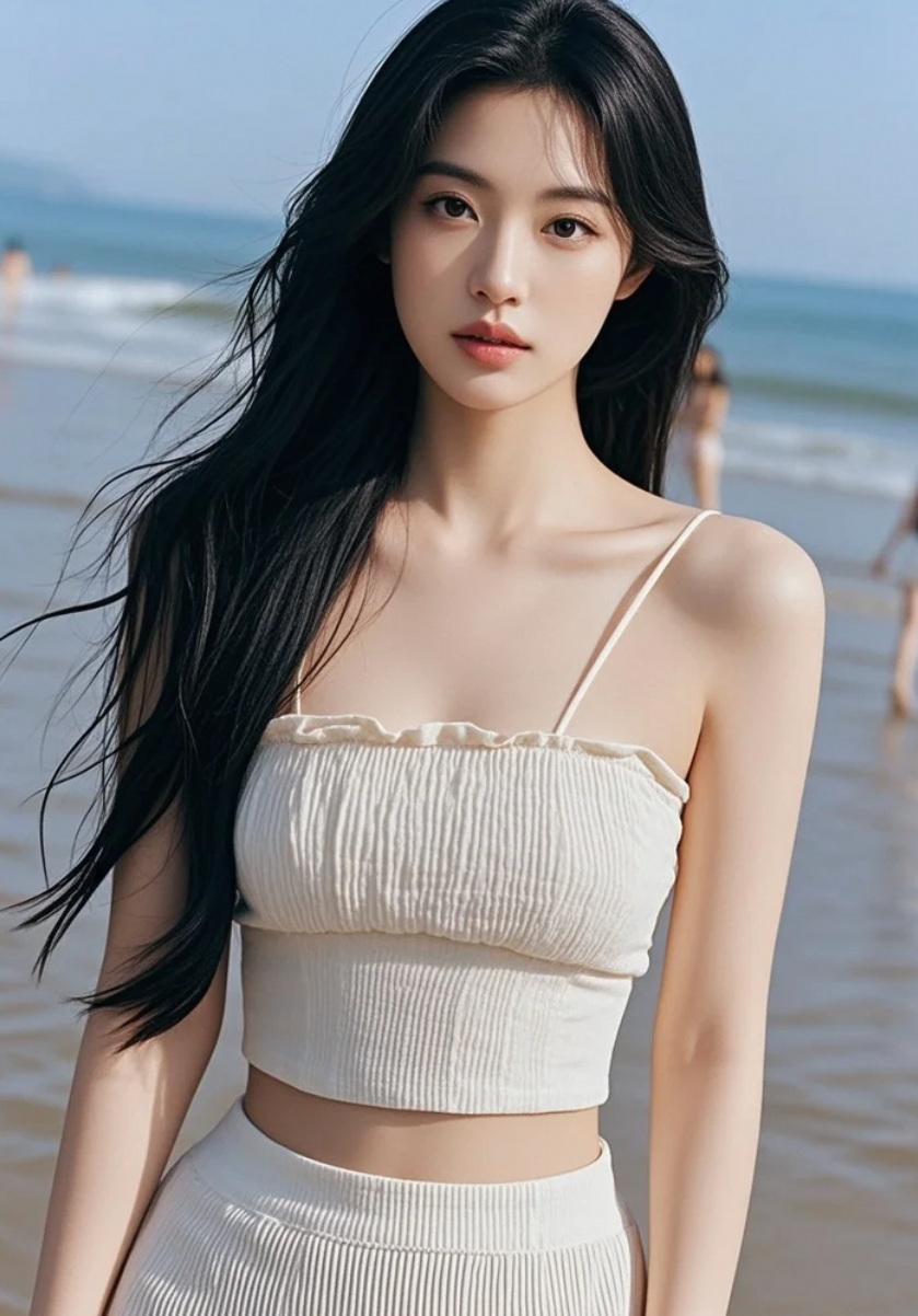 她踩着阳光和浪花而来，美得像是从画中走出