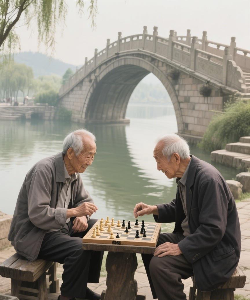#AI妙生图#在石桥碧水畔，两位老人对弈，每一步棋都是时光里的思考，沉淀着岁月的
