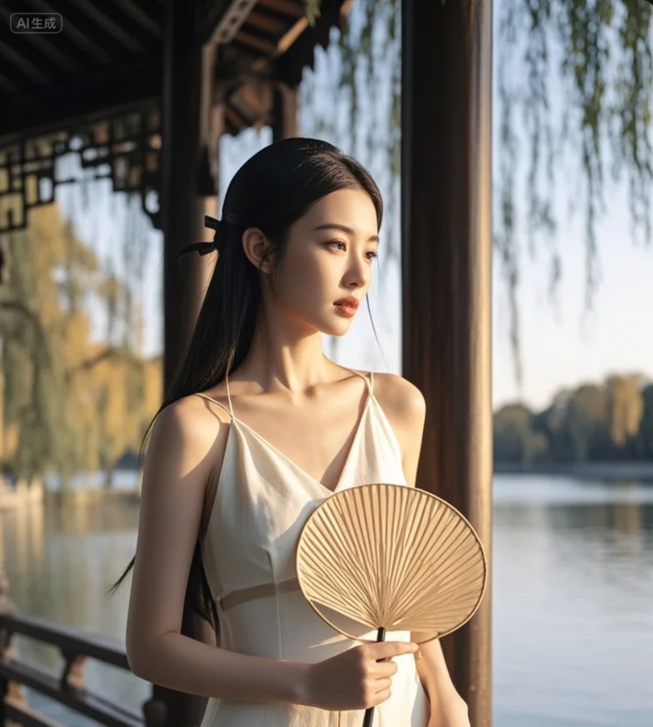 她站在湖边，像在等风，也在等你