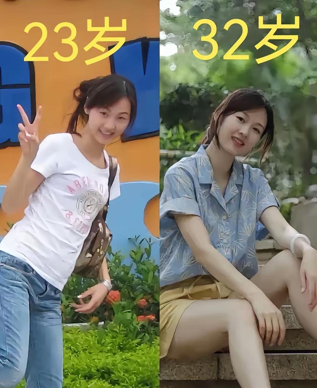 这是一位女生，相隔九年的两张照片。
这位女生23岁时脸上还有些稚气，穿着白t恤和