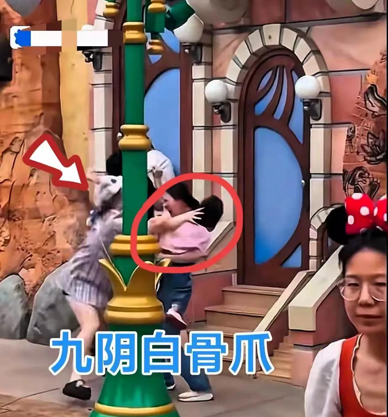上海迪士尼情侣打一家三口事件，真的很火啊！
格子女男友对白衣男子锁喉，格子女伸出