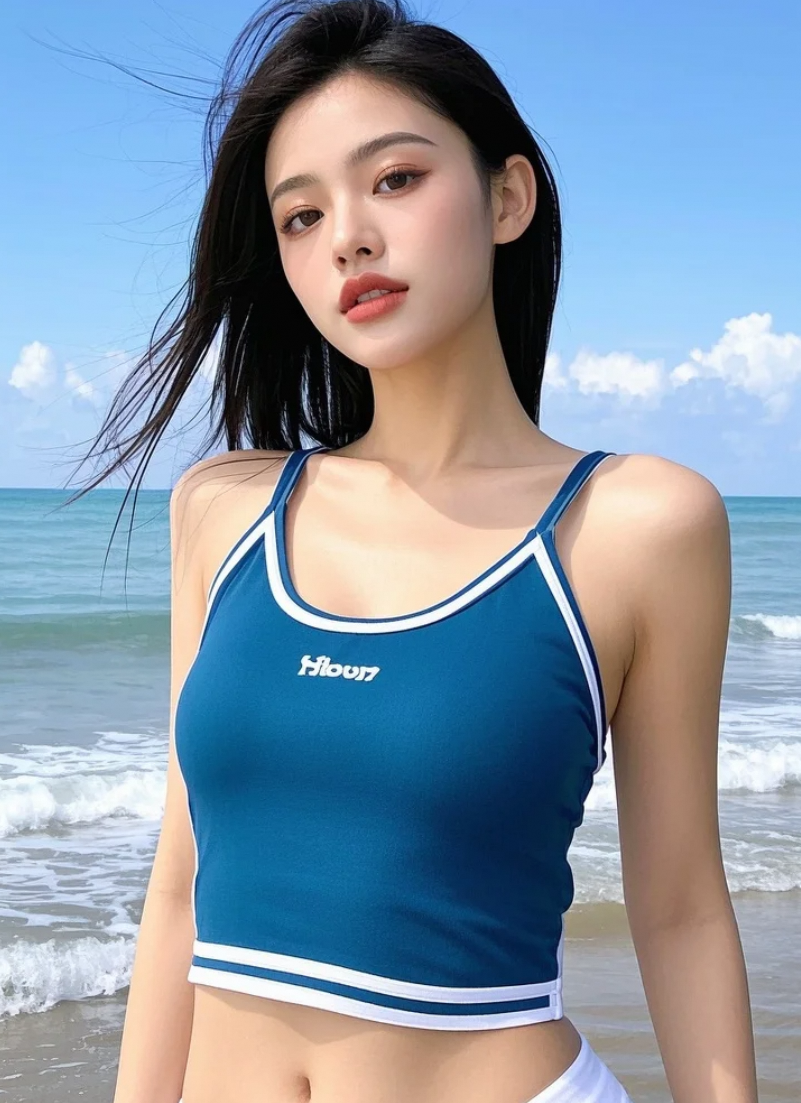 她倚着椰影轻笑，海浪都成了她的背景板