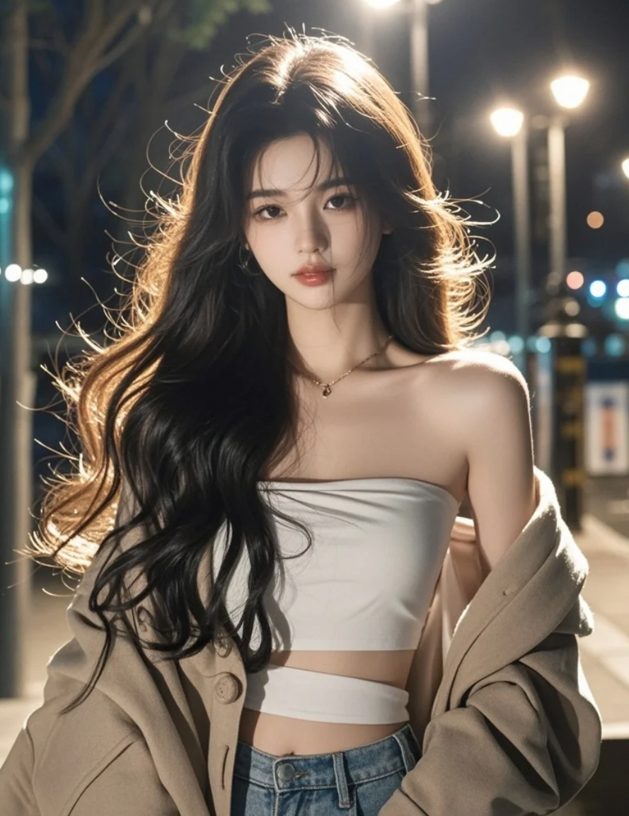 风轻轻吹过她的发梢，像夜晚的吻
