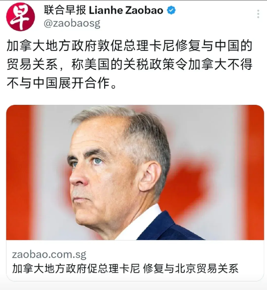 外媒今天（7月25日）报道：“加拿大地方政府敦促总理卡尼修复与中国的贸易关系，称