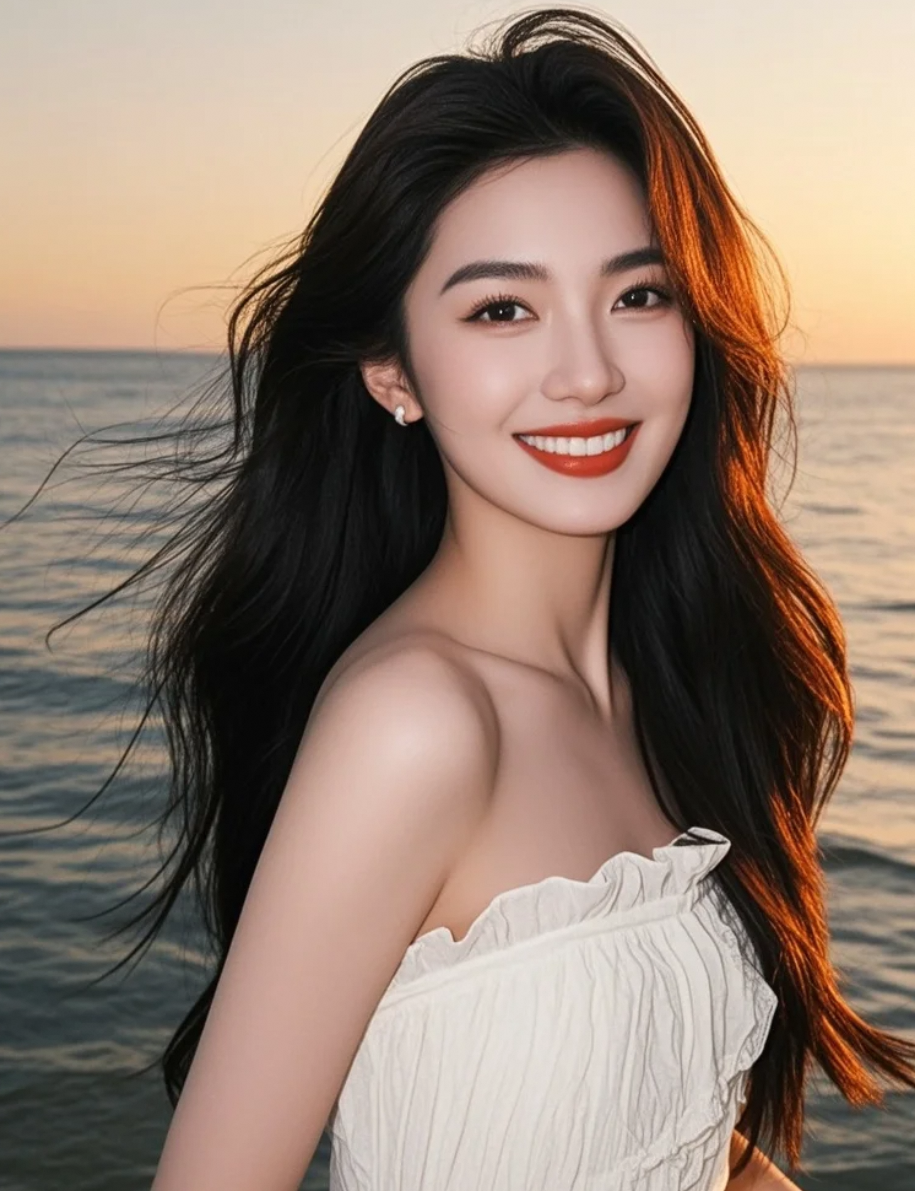 长裙曳地，踏过被夕阳吻过的沙滩