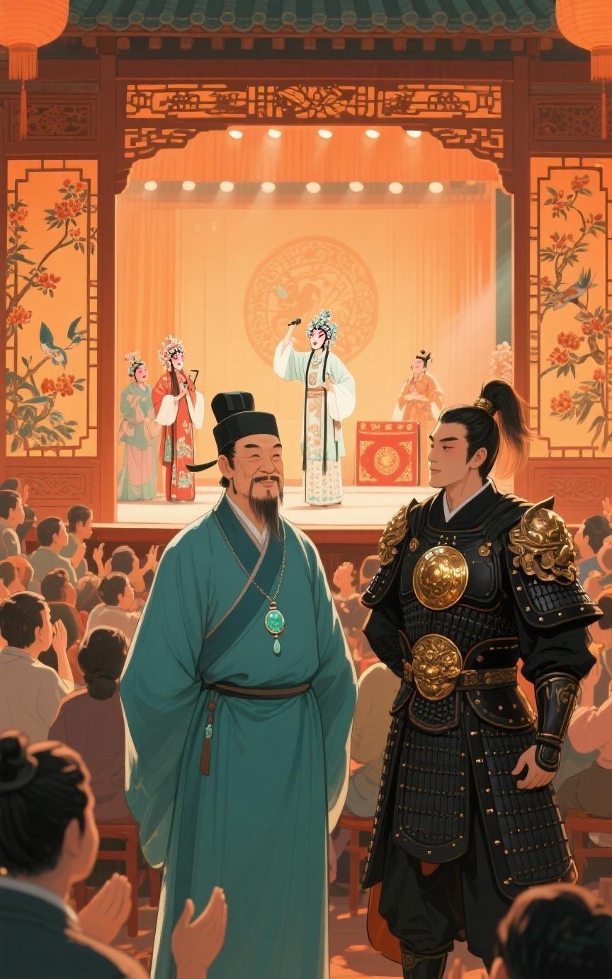 武将与文官联谊，听大戏，当晚演的是《七擒孟获》。快散场时，武将说：孟获是不是孟圣