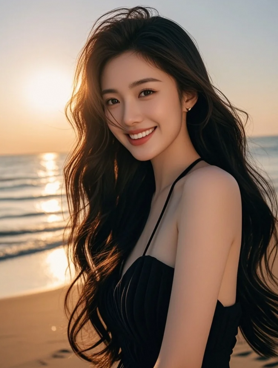 长发在海风中肆意舞动，她的宁静美动人心扉