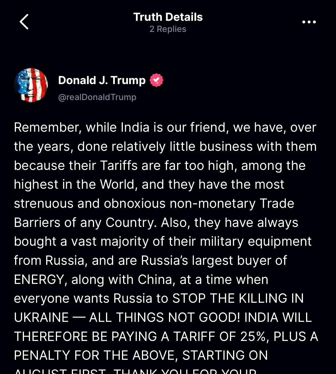 特朗普宣布对印度征收25％关税+附加惩罚
“请记住，尽管印度是我们的朋友，但多年