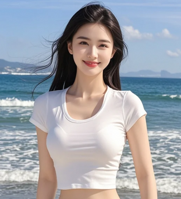 海风轻拂，她站在沙滩上宛如一幅画