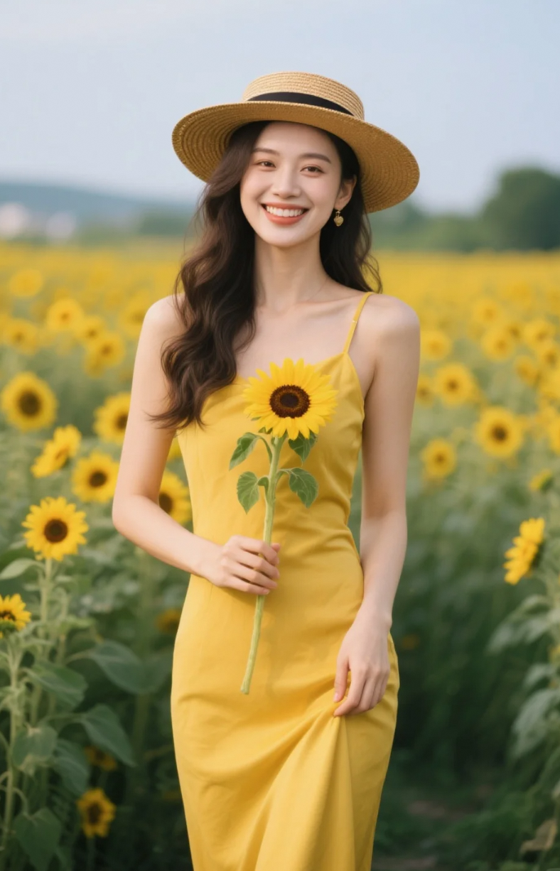 黄裙与向日葵同频摇曳，她是夏日最温柔的光源