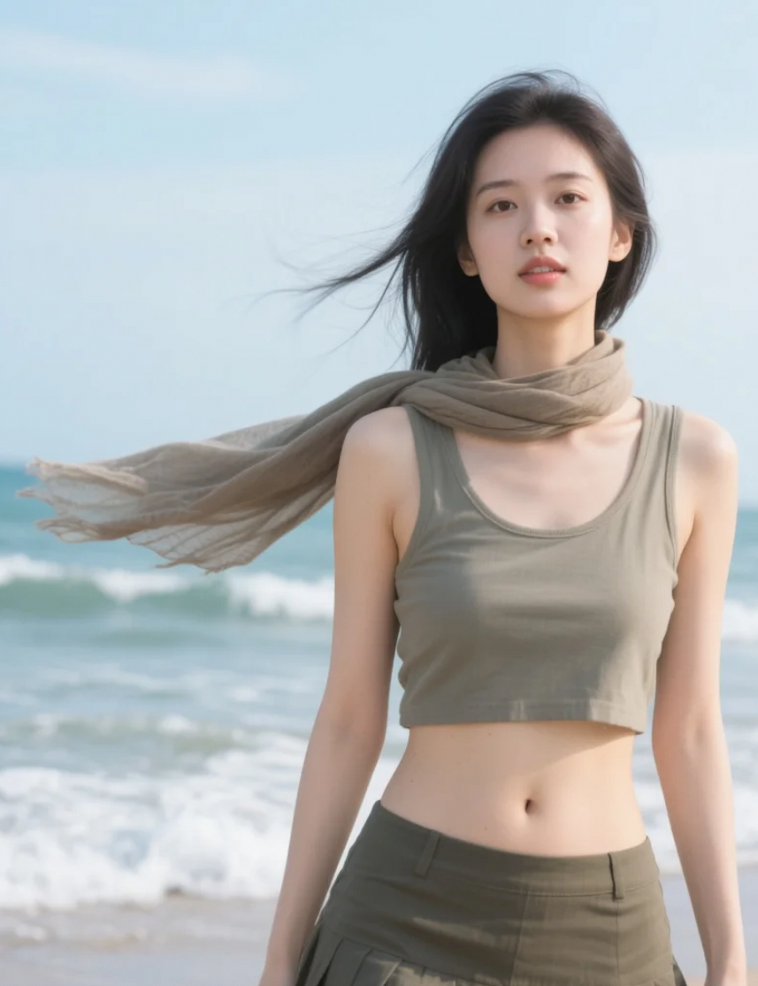 围巾随风飘舞的亚洲美女，演绎海边的灵动美