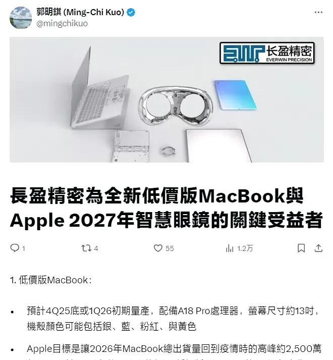 苹果首推廉价版MacBook 采用 A18 Pro芯片
分析师郭明錤最新爆料显示