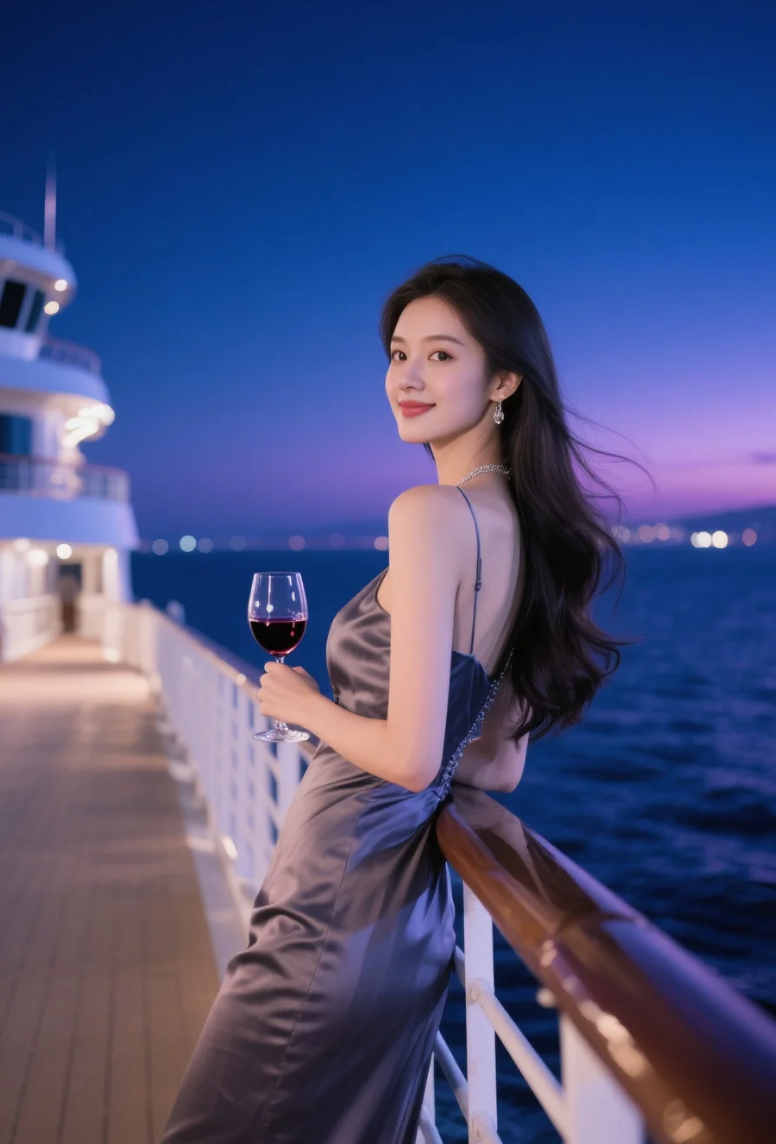 夜幕低垂，她在游轮上演绎端庄魅力