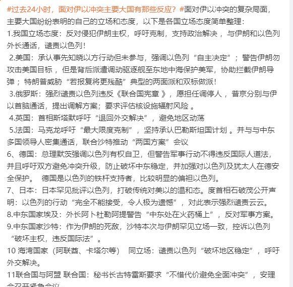 伊朗和以色列打的极为激烈，世界主要大国以及中东国家的立场态度，各个都是各有侧重。