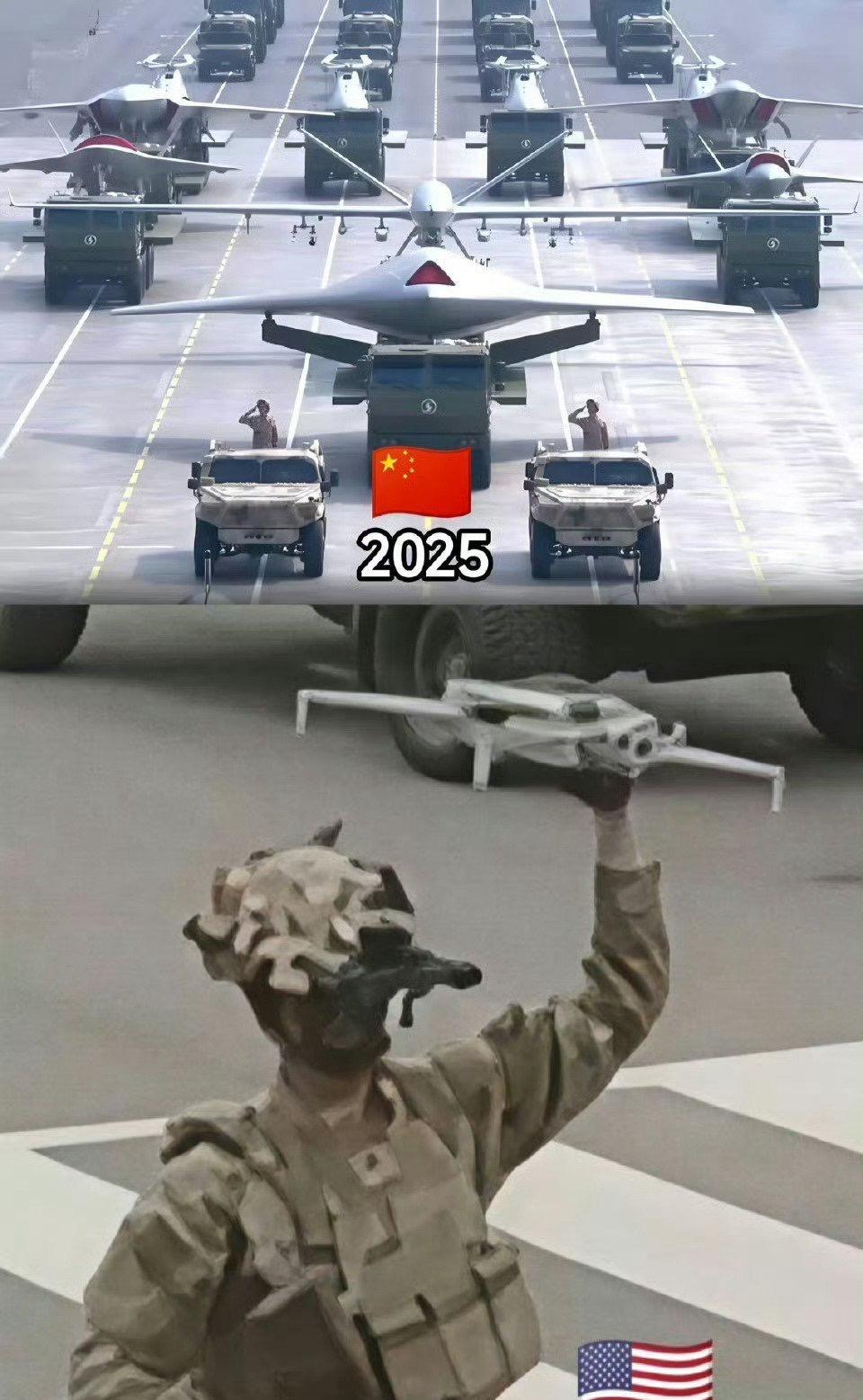 中美两国阅兵无人机大对比！
一个用大型无人机玩空战，一个用手抛式无人机打地鼠。