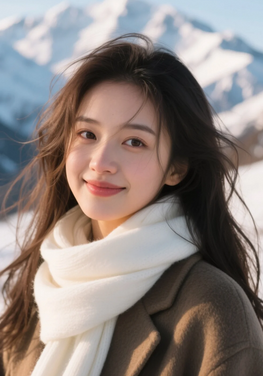 她在寒风中微笑，毛呢大衣裹着温柔