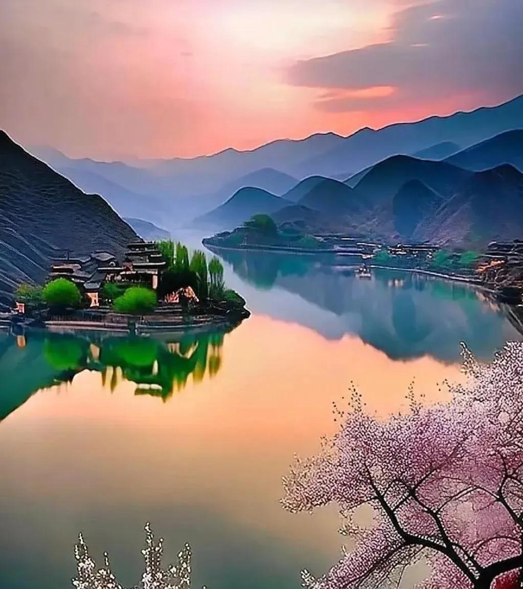 桥头水映晚霞红，
春色如诗满袖风。
动笔天公无限意，
描摹万里似图中。
——作者