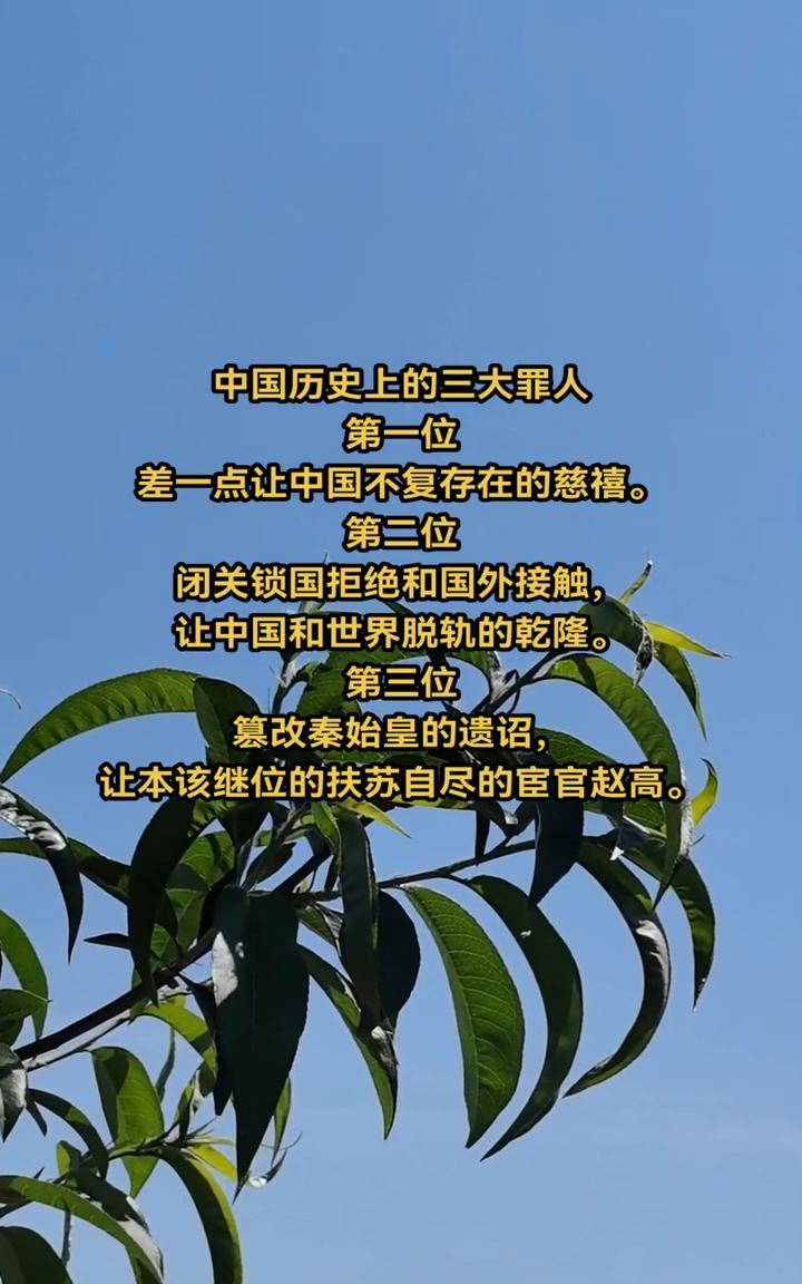 中国历史上的三大罪人。
·第一位：差一点让中国不复存在的慈禧。
·第二位：闭关锁