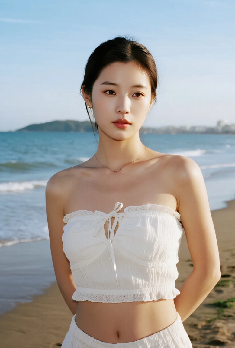 海鸥掠过海面，她静静欣赏这幅动态画
