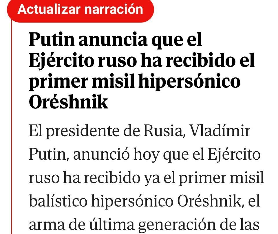俄普今天表示，俄军已经收到了第一枚奥雷什尼克（Oréshnik）高超音速弹道导弹