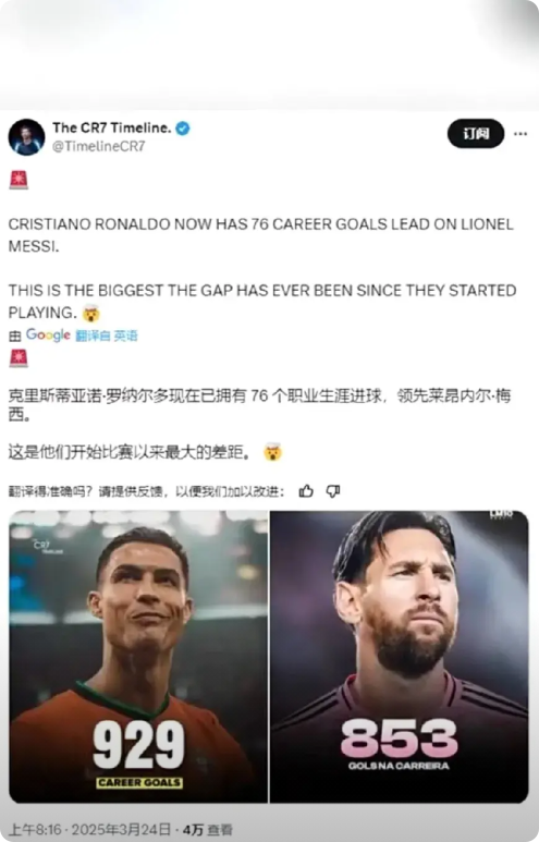 论进球，梅西恐怕一辈子都没办法追到C罗了。
76个进球的差距，说明在射门这一块，