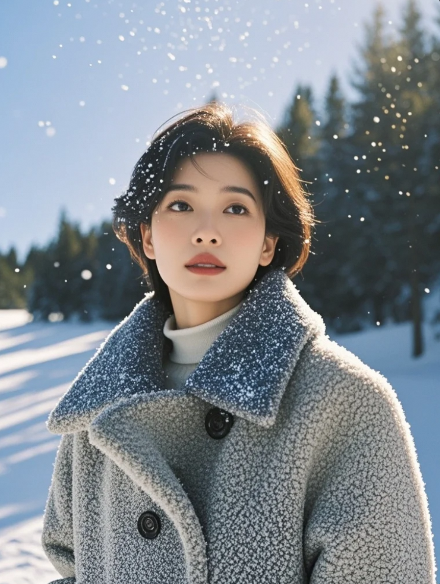雪花落在她的睫毛上，美得像一场不愿醒来的梦。