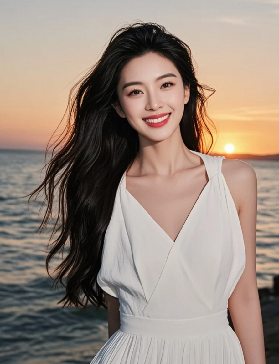 裙裾染上晚霞，海风吻过发梢