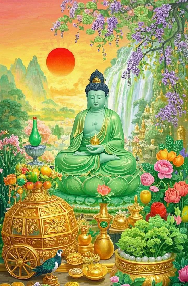 一拜佛祖启福运，佛光普照家门顺。二拜佛祖身安稳，病痛远离精神振。三拜佛祖财路伸，