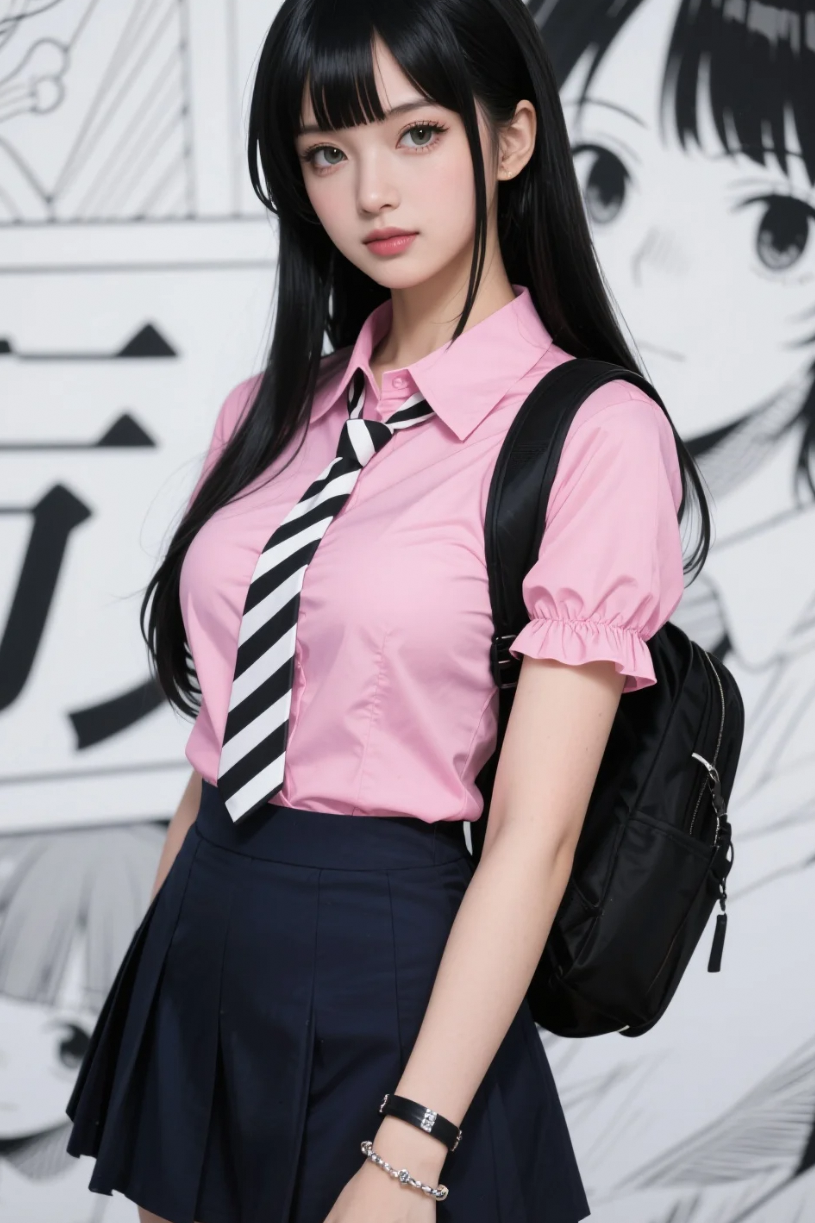 青春如画，黑白领带配粉衫