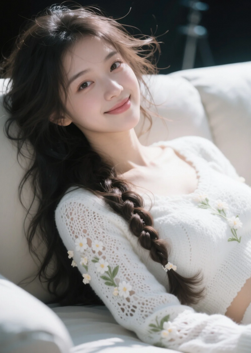 这身白色镂空针织衫+麻花辫造型，直接封神了！