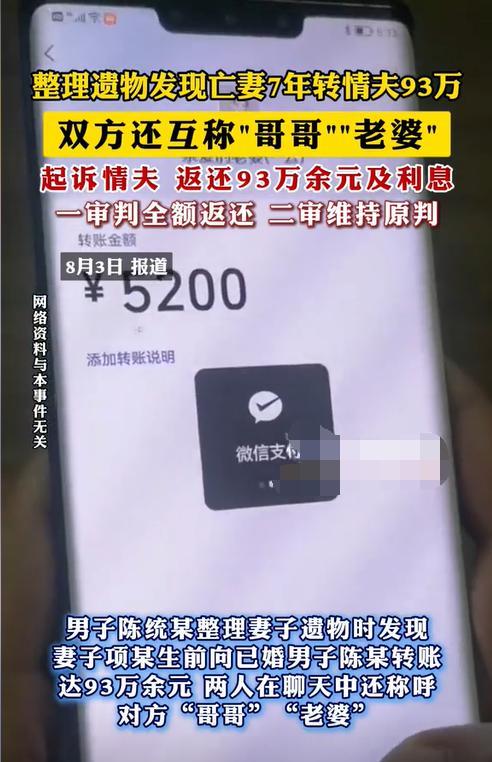 浙江宁波，一男子在妻子过世后，从遗物中发现妻子生前竟然出轨了，还给陌生男子花了9