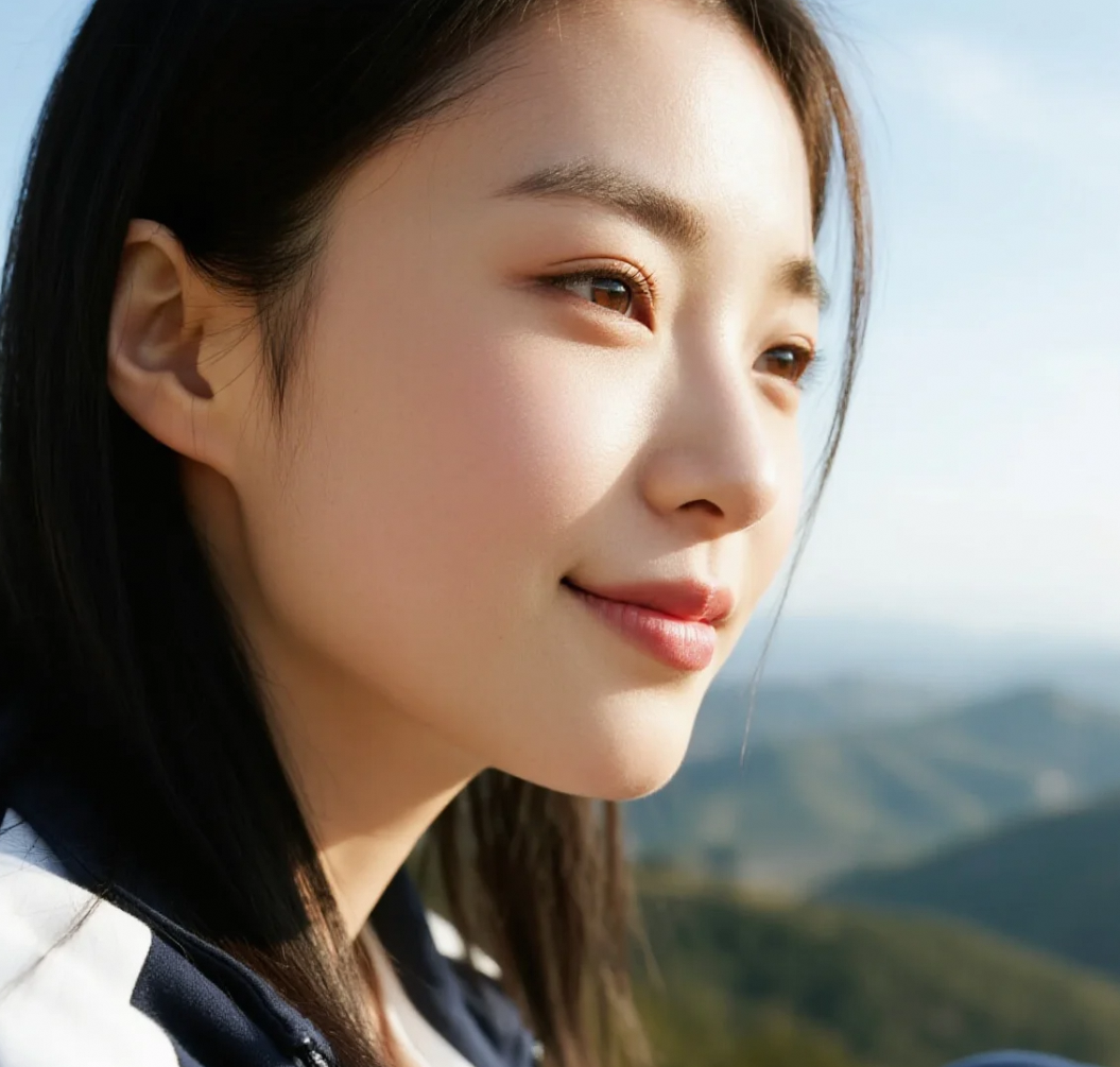 山川为背景的少女，温柔如阳光洒落