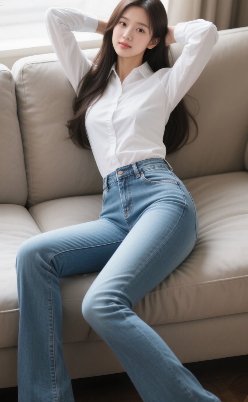 少妇侧卧风情万种，牛仔裤勾勒迷人曲线