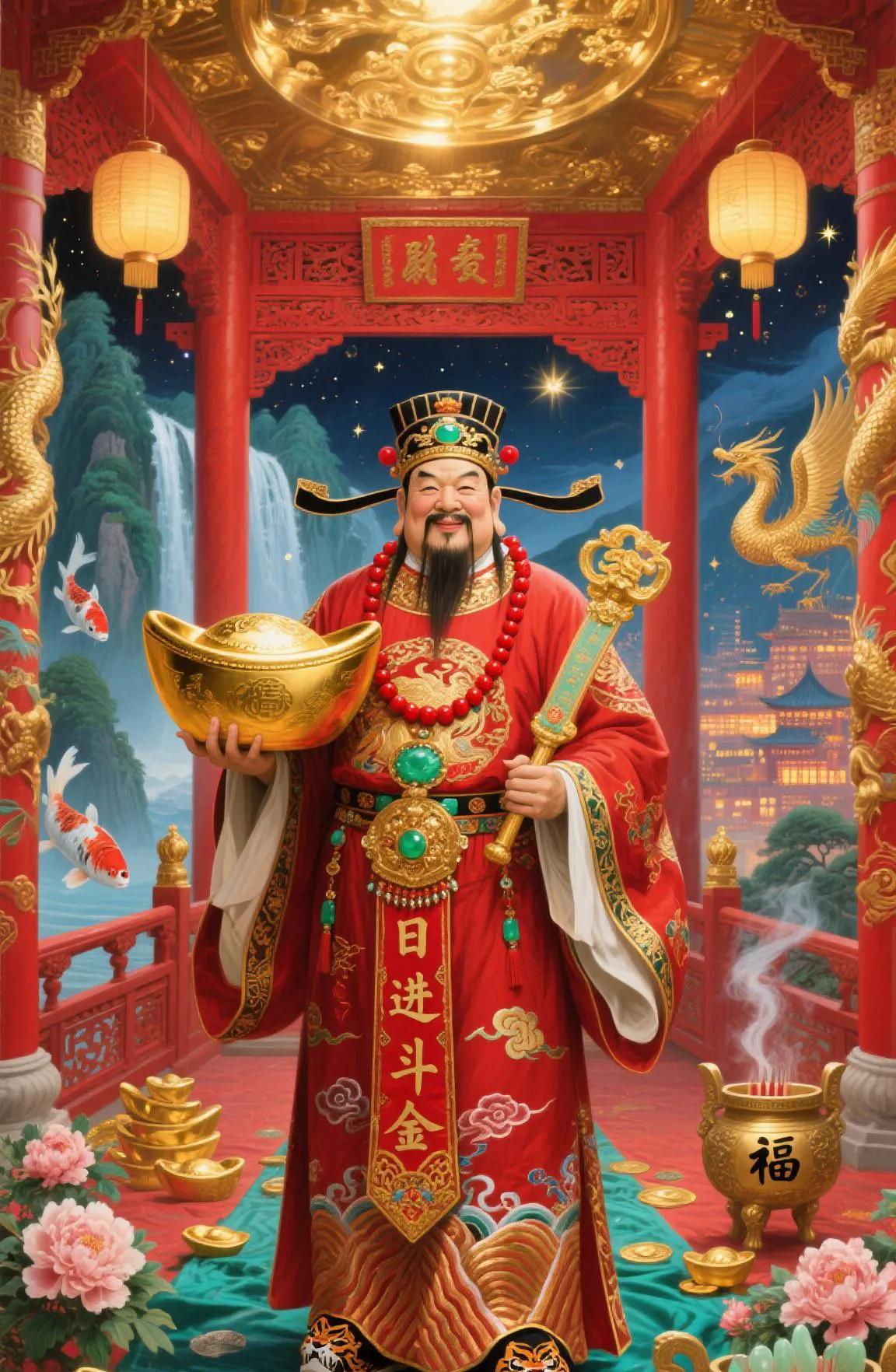 玉皇赐福下九霄，金甲神将踏云潮，龙衔如意镇八方，虎啸金山护宝桥。
聚宝盆中星斗转