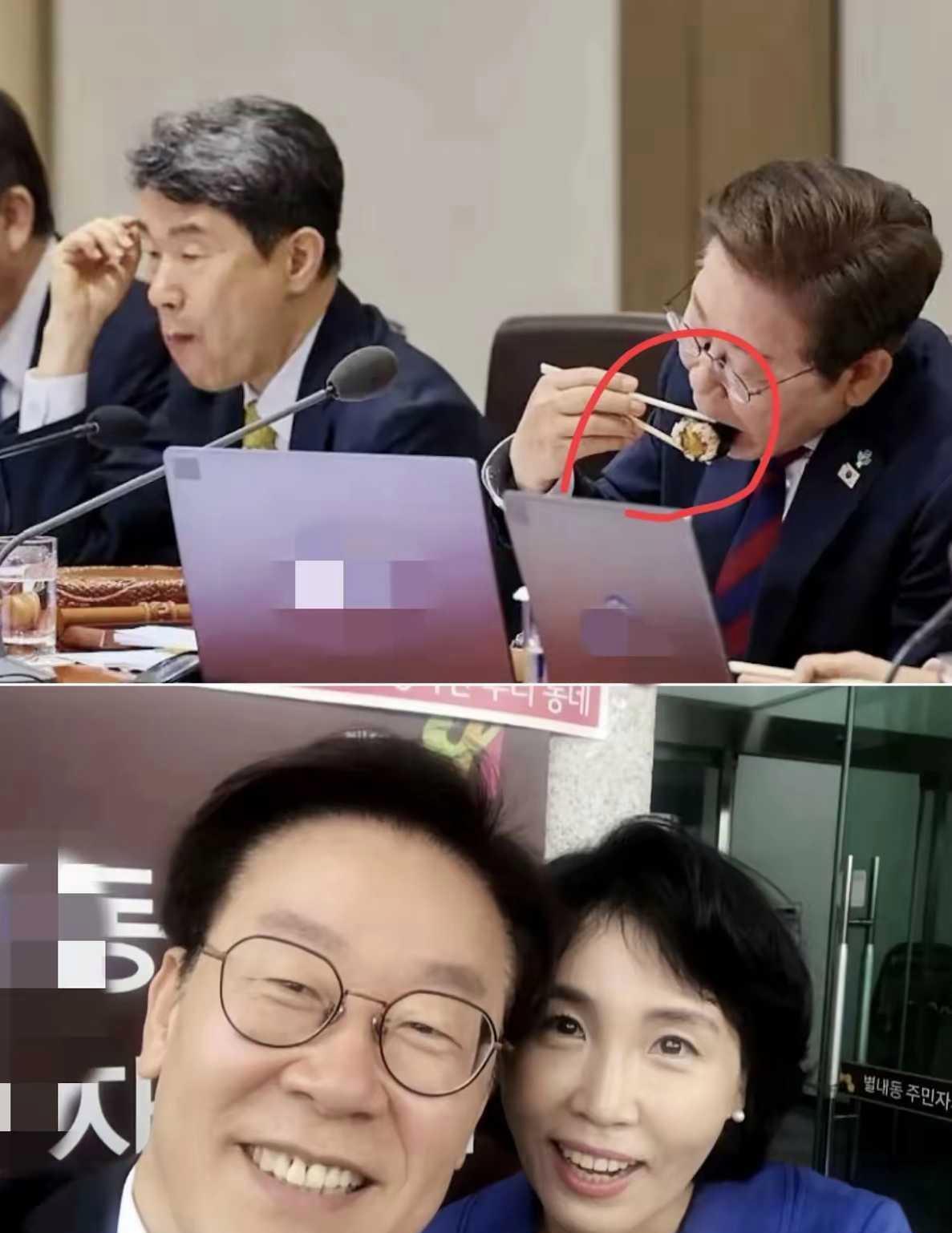 李在明上班还带饭，这应该是妻子做的紫菜包饭吧。看起来吃的好香啊！
李在明看起来很