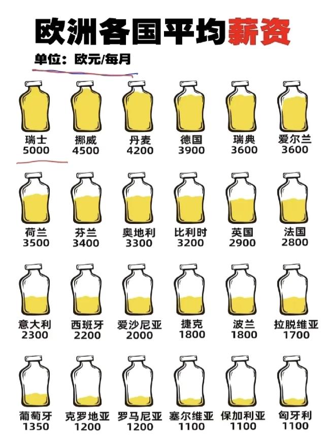 欧洲各国的平均薪资
有没有人来对对账
欧洲各国平均薪资差异明显。瑞士以每月500